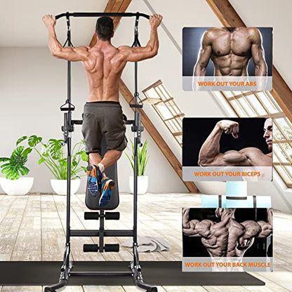Power Tower with Bench, Pull Up Bar Dip Station, Power Tower Dip Station, Training Workout Equipment, Height Adjustable Pull Up Tower w/Folding Bench 4 Ropes, Strength Training, Home Gym