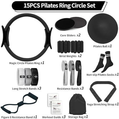 DICYWUDI Pilates Essentials Kit for Home Women, Pilates Equipment for Workouts, 6 Fabric Resistance Bands, 12 Inch Magic Circle Yoga Ring, Mini Exercise Ball, Great Exercise Equipment - color: 15pcs Black set