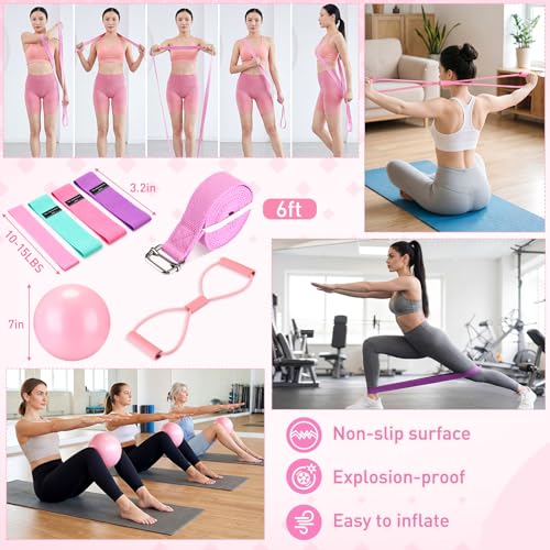 11 Pcs Pink Yoga Accessories Set for Women, Home Pilates Essential Kit for Workout Gym Lover Gifts with Yoga Mat Magic Circle Tote Bag 3 Resistance Bands Strap Socks Towel Ball TPE Loop