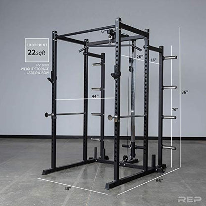 REP Fitness PR-1100 Power Rack Home Gym System, Compact Squat Cage with Multi-Grip Pull Up Bar, Adjustable, + AB-3100 Incline Bench + LAT/Row Attachment + Dip Attachment + Weight Storage
