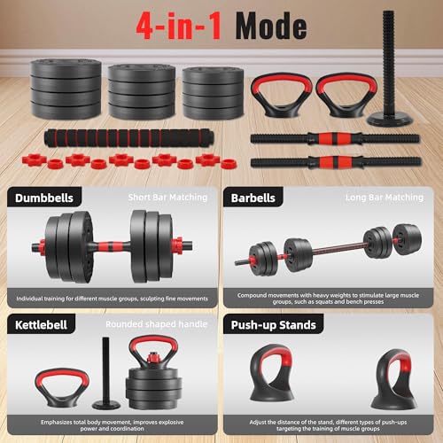 Fitvids Adjustable Dumbbell Set, 40/60LBS Free Weight Set, Multi-Functional Portable Changeable Dumbbell Barbell Kettlebell Set for Home, Multiple Style - size: 60LBS Set, 4in1