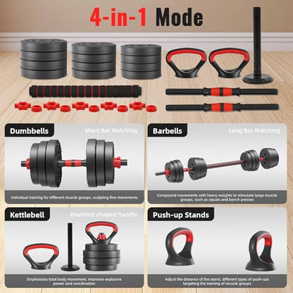 Fitvids Adjustable Dumbbell Set, 40/60LBS Free Weight Set, Multi-Functional Portable Changeable Dumbbell Barbell Kettlebell Set for Home, Multiple Style - size: 60LBS Set, 4in1