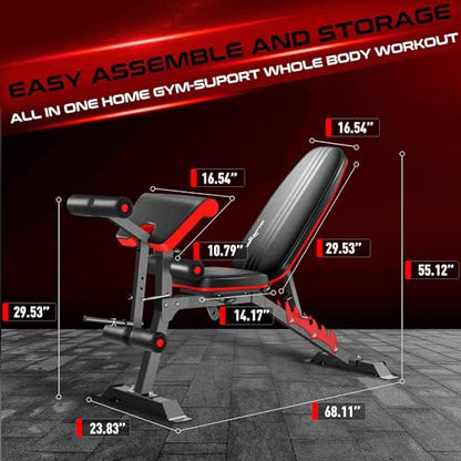 BODYRHYTHM Multifunctional Weight Bench with Leg Extension and Preacher Pad, Workout Bench for Decline Bench Press, Strength Training Bench for Full Body Workout, Flat & Incline & Decline bench,Weight Training Equipment.