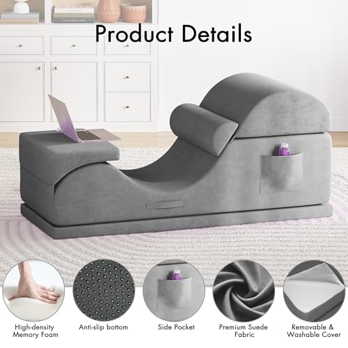 Convertible Yoga Chair for Adults, Ergonomic Foam Lounge with Lumbar Pillow, Washable Cover, Side Pocket, No Assembly Needed – Great for Exercise, Stretching & Relaxation Gray - color: Grey