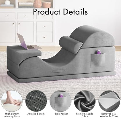 Convertible Yoga Chair for Adults, Ergonomic Foam Lounge with Lumbar Pillow, Washable Cover, Side Pocket, No Assembly Needed – Great for Exercise, Stretching & Relaxation Gray - color: Grey