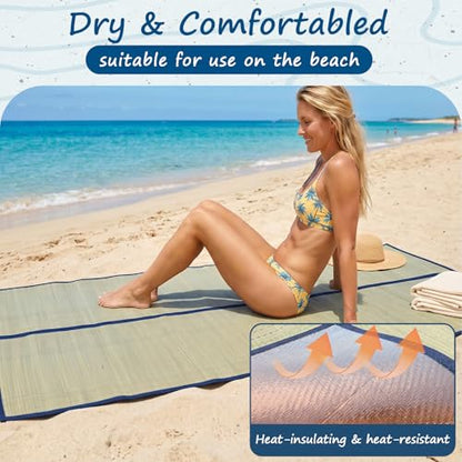 31.5" x70" Straw Beach Mat, Waterproof & Heat Insulation Straw Mat Foldable Lightweight Picnic Mat with Trim for Camping Sunbathing Floor Yoga Outdoor Activities
