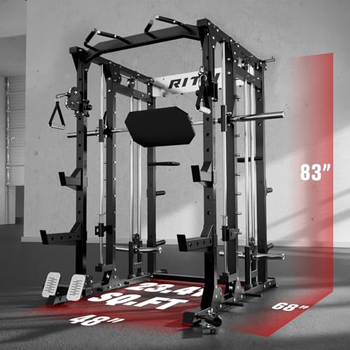 RitFit Buffalo Smith Machine, Power cage with LAT-Pull Down System & Cable Crossover System, All-in-One Squat Rack for Home Gym, Power Rack - color: BLACK, size: Package(With CP260)