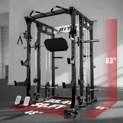 RitFit Buffalo Smith Machine, Power cage with LAT-Pull Down System & Cable Crossover System, All-in-One Squat Rack for Home Gym, Power Rack - color: BLACK, size: Package(With BP370)