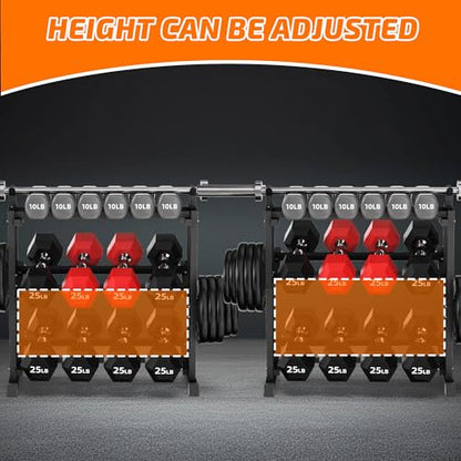 PLKOW Adjustable 3-Tier Dumbbell Rack with Barbell & Weight Plate Storage for Home Gym, Heavy Duty Steel Weight Rack Stand, Angle Height Width Adjustable Gym Organizer