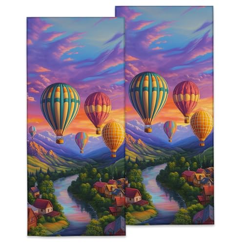 Sunset Hot Air Balloon Hand Towels, Soft Decorative Scenic Valley Hand Towel Set of 2 for Bathroom Hotel Home, Absorbent Dish Towels for Kitchen Drying Farmhouse Gifts 14×28 Inch - color: Balloon17