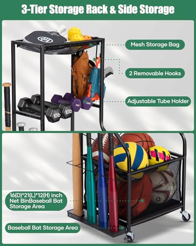 EXTCCT Garage Sports Equipment Organizer, Rolling Ball Storage Cart - color: Black - Small