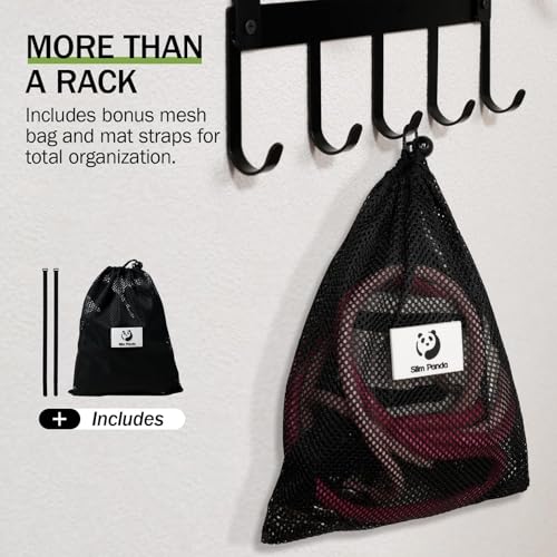 Yoga Mat Holder Wall Mount with Mesh Bag, 4-Tier Metal Storage Rack with Floating Shelf & 5 Hooks, Large Home Gym Organizer for Foam Rollers, Resistance Bands & Yoga Accessories
