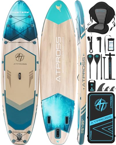 11'6"x35" Inflatable Paddle Board, 450lbs Extra Wide Stand Up Paddleboard for Adults with Premium SUP Accessories Kit & Backpack, Blow Up Kayak Non-Slip Stable Deck Boat for Yoga Fishing Surf - style: Light Wood Grain/kayak seat