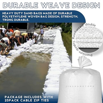 20PCS Sand Bags for Flooding, Flood Prevention Sandbags, White Sand Bags, 19"x 31"Heavy Duty Woven Sand Bag Sacks 100 lb, 25PCS Cable zip Ties for Flood Protection, Erosion Control, Hurricane Barriers