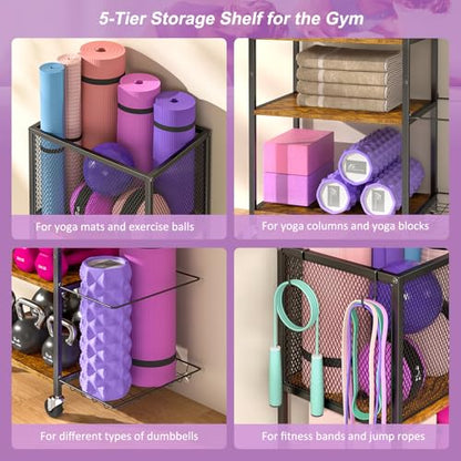 Dumbbell Rack, Yoga Mat Storage Holder, Home Gym Storage Rack, Workout Equipment Storage Organizer, Weight Storage Holder Rack with Hooks and Wheels