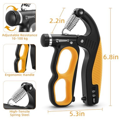 Grip Strength Trainer Kit with Mechanical Counter, 5 Pack Hand Gripper Strengthener Adjustable Resistance, Forearm Strengthener, Finger Exerciser, Wrist Strengthener, Hand Exercisers for Strength, Therapy & Rehab