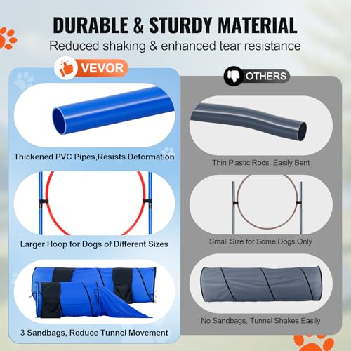 VEVOR Dog Agility Training Equipment, 13pcs Dog Agility Course Backyard Set, 2 Tunnels with Sandbags,Adjustable Hurdles,Weave Poles,Jump Ring,Pause Box, Puppy Obstacle Course Kit with Storage Bag - size: 13 Pcs Set