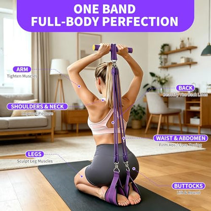 Pedal Resistance Band with Handle - 8-Tube Adjustable (20-80LBS) for Full Body Workout, Home Gym, Yoga & Strength Training Non-Slip Grips & Foot Pedal (Purple)