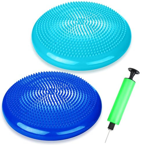 2 Pcs Wiggle Seat Inflated Wobble Cushion Flexible Balance Disc with Air Pump for Core Stability Strengthening Improving Posture Physical Exercise - color: Royal Blue and Macaroon Blue