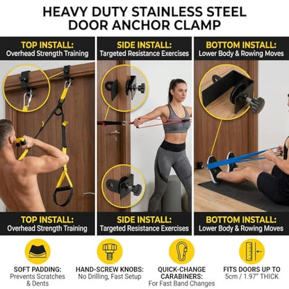 Heavy Duty Door Anchor | No Drill Exercise Band Hook for Home Gym | Fits Doors Up to 1.97 / Workout Straps/Suspension Trainer | Protective Pads & Quick Buckle Included