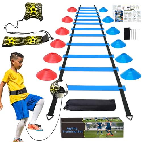 Soccer Speed Agility Training Set - 20FT Agility Ladder 12/16 Sports Cones and Soccer Kick Trainer Football Training Equipment Footwork Drills for Youth and Adults - color: Blue, style: Agility Ladder+Cones+Soccer Trainer