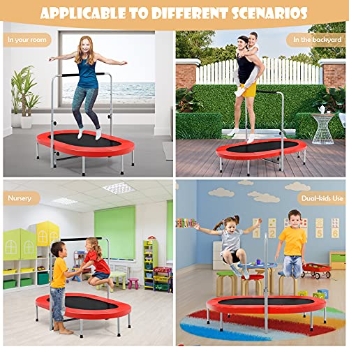 Giantex Mini Trampoline, 2 Persons Foldable Fitness Trampoline w/ 5 Levels Height Adjustable Handle, Max Load 330LBS, Indoor Oval Rebounder Exercise Trampoline for Adult, Kid, Enjoy Parent-child Time - color: Red