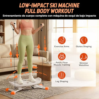 Ski Machine Trainer, Indoor Ski Simulator with Resistance Bands & Balance Board - Low Impact Stepper Exercise Equipment for Home Gym Full Body Workout, 300LBS Capacity (Orange)