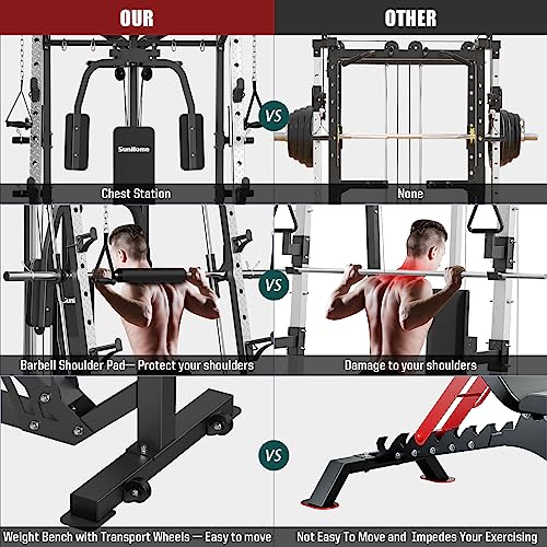 SunHome Smith Machine, Power Cage Squat Rack with Smith Bar, LAT Pull-Down Systems, Cable Crossover Machine and Cable Attachment for Home Gym