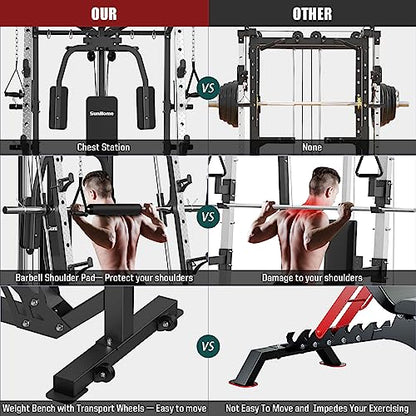 SunHome Smith Machine, Power Cage Squat Rack with Smith Bar, LAT Pull-Down Systems, Cable Crossover Machine and Cable Attachment for Home Gym