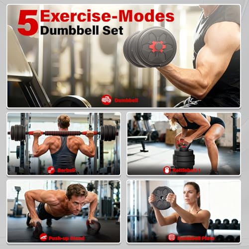 KEY2FUN Adjustable Dumbbells, 22/33/44/66/88LBS Free Weight Set with Connector, 4 in 1 Weight Set Used as Kettlebells, Barbell, Push up Stand, Fitness Exercises for Home Gym Suitable Men/Women