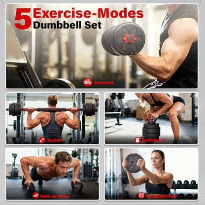 KEY2FUN Adjustable Dumbbells, 22/33/44/66/88LBS Free Weight Set with Connector, 4 in 1 Weight Set Used as Kettlebells, Barbell, Push up Stand, Fitness Exercises for Home Gym Suitable Men/Women