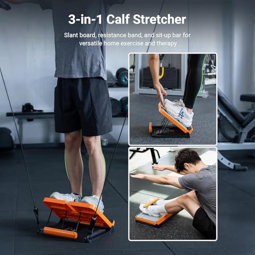 MIKE SPORT 9 Level Adjustable Slant Board, 600lbs Carbon Steel Calf Stretcher, 3 in 1 Incline Balance Board for Stretching, Resistance Bands, Sit-Ups - Home Gym & Fitness Equipment