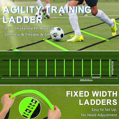 Fixed Rung Agility Ladder - 20ft 12 Rungs No Tangle Speed and Agility Training Equipment for Soccer Footwork Training with Carrying Bag/Ground Stakes for Adults Youth Kids - color: Green