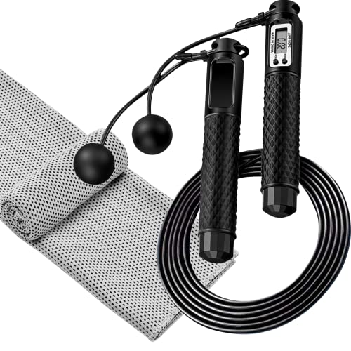 Jump Rope, Speed Digital Skipping Rope with Calorie Counter for Women Men Kids with Speed Cordless Ball, Ice Towel, Soft Breathable Fast Drying Microfiber Towel Super Absorbent