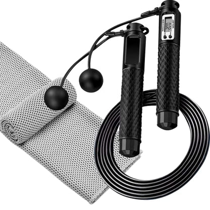 Jump Rope, Speed Digital Skipping Rope with Calorie Counter for Women Men Kids with Speed Cordless Ball, Ice Towel, Soft Breathable Fast Drying Microfiber Towel Super Absorbent