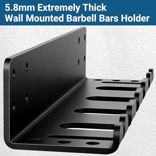 Heavy Duty Wall Mounted Barbell Holder, 5.8mm Thick Olympic Barbell Storage Rack with Hooks, Fits Bars Under 33mm, Space-Saving Home Gym Fitness Equipment Hanger