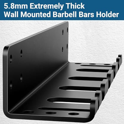 Heavy Duty Wall Mounted Barbell Holder, 5.8mm Thick Olympic Barbell Storage Rack with Hooks, Fits Bars Under 33mm, Space-Saving Home Gym Fitness Equipment Hanger