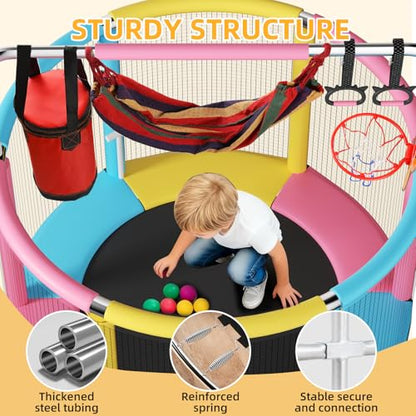 55" Trampoline for Kids,Up to 440 Ibs Mini Trampoline with Anti-Rollover Round Bottom,Indoor & Outdoor Toddler Trampoline with Safety Enclosure,Adjustable Gymnastics Bars,Basketball Hoop