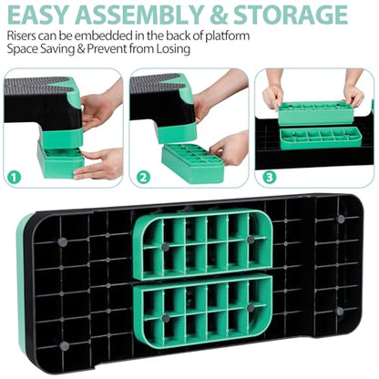 26.5" Aerobic Step Platform, Adjustable Height Exercise Workout Stepper, Stackable Risers Stepper for Exercise at Home Gym Workouts Fitness Equipment, Green
