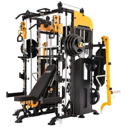 3061B Smith Machine with Adjustable Lever Arms, 2:1 Pulley Ratio All-in-One Home Gym System, Commercial Grade Squat Rack with Dual 440lbs Weight Stacks & Attachment (Safe Solo Training)