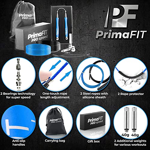 Jump Rope Pro Speed Skipping Rope Adjustable Adult Jumping Rope Weighted Aluminium Handles for Double Dutch Boxing Workout Crossfit Exercise Fitness Spare Cable Weights Protectors Carry Bag - color: Blue