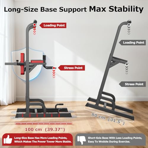 Pooboo Power Tower Dip Station Pull Up Bar for Fitness Home Gym Workout,450 Pounds Multi-Function Adjustable Height Fitness Strength Training Exercise Equipment,with Power Elastic Ropes - color: Black Red-02