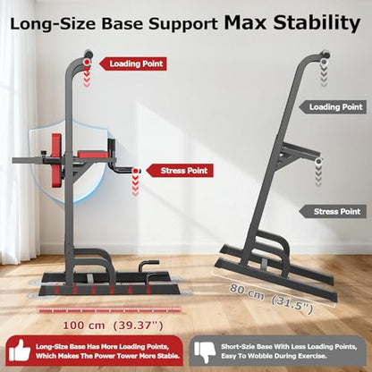 Pooboo Power Tower Dip Station Pull Up Bar for Fitness Home Gym Workout,450 Pounds Multi-Function Adjustable Height Fitness Strength Training Exercise Equipment,with Power Elastic Ropes - color: Black Red-02
