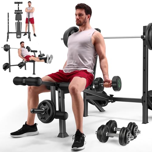 ANCHEER Weight Bench, 3 Sec Foldable Workout Bench with Squat Rack Leg Extension & Leg Curl, 900LBS Adjustable Bench Press for Home Gym, Standard Strength Training Bench - color: Obsidian