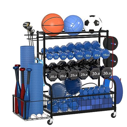 Dumbbell Rack with Weights, Yoga Mat Storage Racks, Home Gym Storage Rack for Yoga Mat Kettlebells and Strength Training Equipment, Weight Storage Holder Rack for Dumbbells with Hooks and