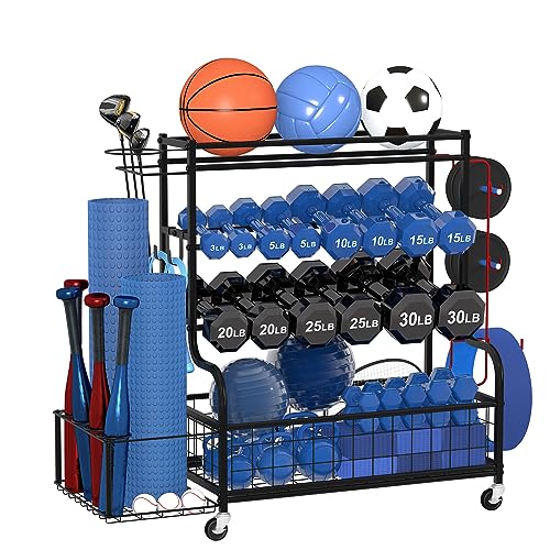 Dumbbell Rack with Weights, Yoga Mat Storage Racks, Home Gym Storage Rack for Yoga Mat Kettlebells and Strength Training Equipment, Weight Storage Holder Rack for Dumbbells with Hooks and