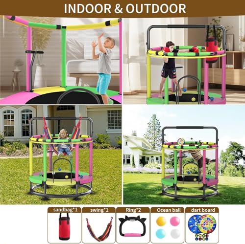 Trampoline for Kids, Full Anti-Rust 440lbs Anti-Rollover Round Bottom Toddler Trampoline, T-handrail Adjustable Baby Toddler Trampolines Dart Board