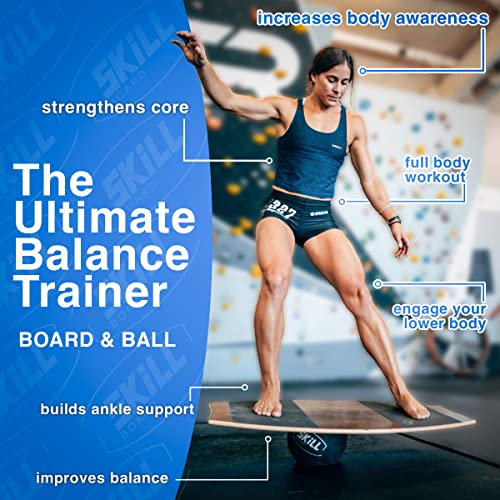 The Skill Board Beginner to Pro - Wooden Balance Board for Adults Bundle - Incl. Balance Trainer for All Sports, Gym, Standing Desk, or Yard Games, 2x Fitness Balls, Ball Pump and more - size: Original
