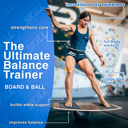 The Skill Board Beginner to Pro - Wooden Balance Board for Adults Bundle - Incl. Balance Trainer for All Sports, Gym, Standing Desk, or Yard Games, 2x Fitness Balls, Ball Pump and more - size: Original