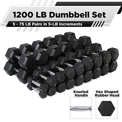 WF Athletic Supply Rubber Coated Hex Dumbbell Set, Multiple Choices Available - Dumbbells with Rack Stand and Mat, or Dumbbells Only (200/550/1200/2100/3000 LB)